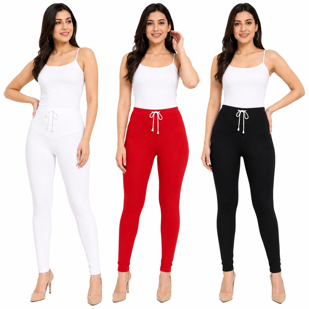 Leggfine Women's Super Soft Cotton V-Cut Mid Waist Full Length Pack of 3 | 100%Cotton Leggings | Black, Red & White | Daily Wear, Yoga, Gym & Casual Wear |Size - L
