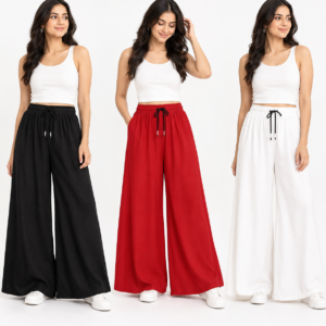 Leggfine Women Rayon Palazzo Pack of 3 | Wide Leg Loose Fit Pants with Elastic Waist | Black, Red & White | 3XL Available