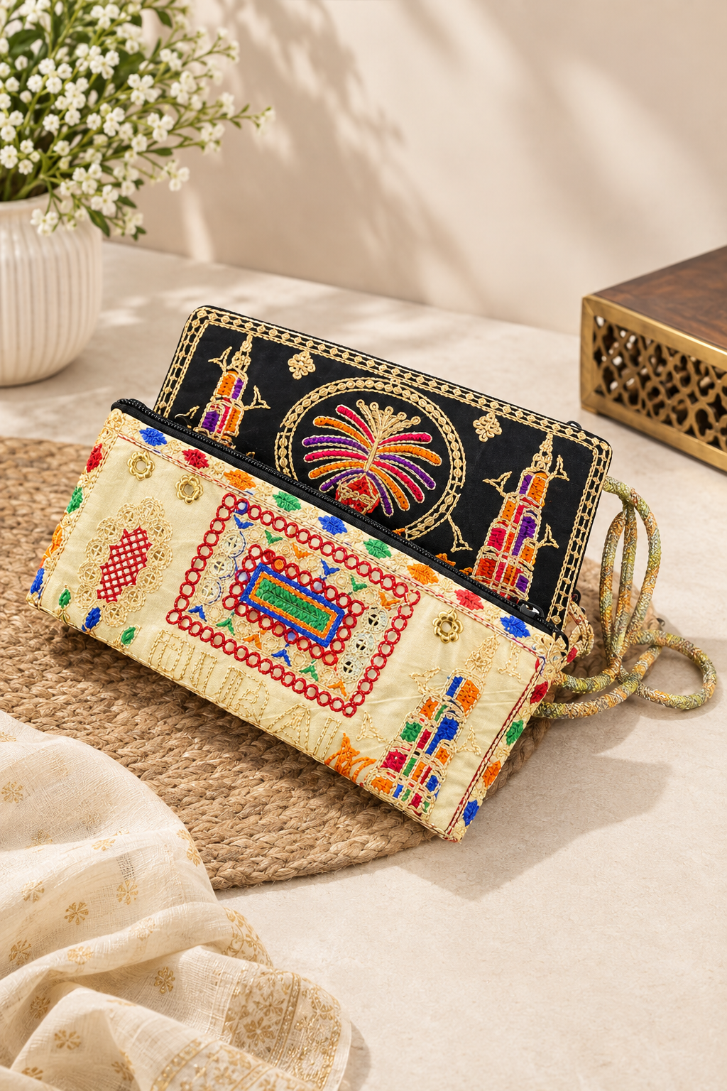 Leggfine Handcrafted Multicolor Embroidered Clutch with Wristle