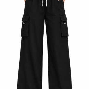 Leggfine Women's Black Wide-Leg Cargo Palazzo Pants | 4 Pocket | Elastic Waistband with Drawstring