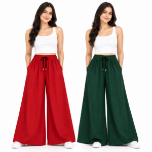 Leggfine Women's Rayon Palazzo Pants – Bottle Green & Red Combo | Pack of 2