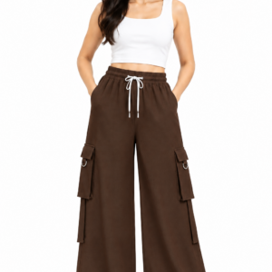 Leggfine Women's Coffee Brown Wide-Leg Cargo Palazzo Pants | 4 Pocket | Elastic Waistband with Drawstring